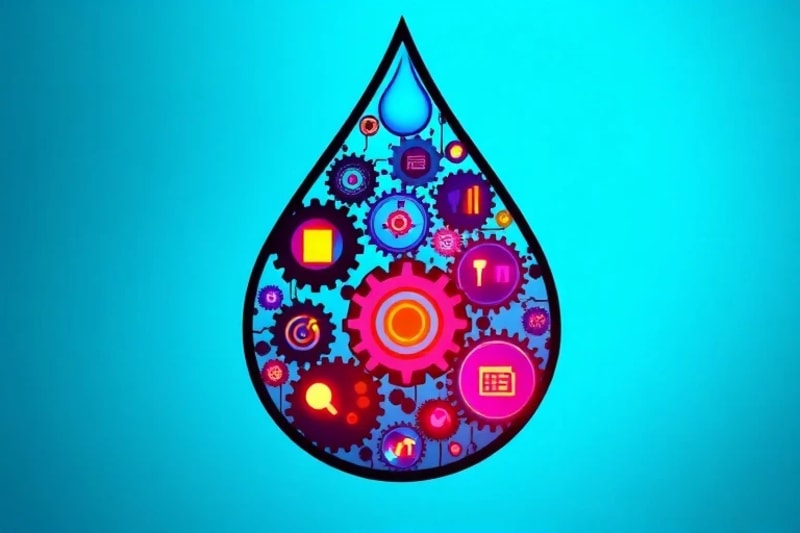 Engranajes y circuitos formando una gota de agua con iconos de tecnologías hídricas.