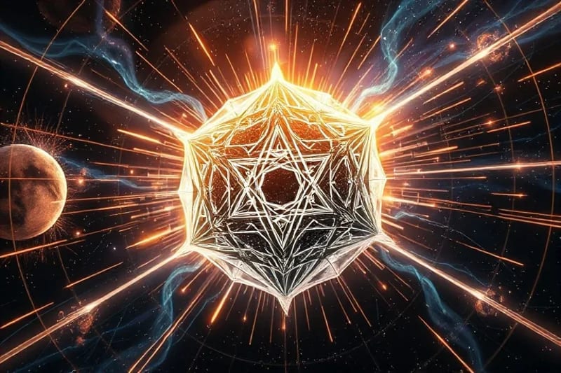 Abstract 3D render of alchemical symbols and sacred geometric forms emerging from an energetic vortex, symbolizing transformation.