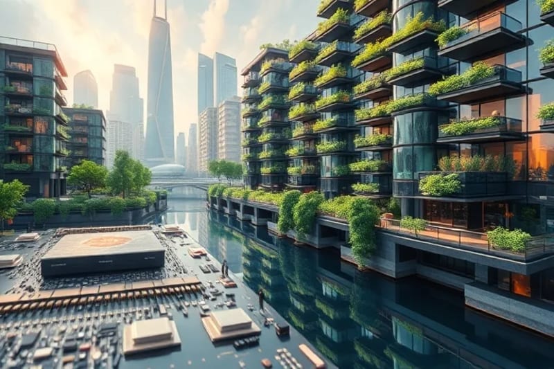 Ciudad futurista con jardines verticales y sistemas de recolección de agua, personas interactuando.