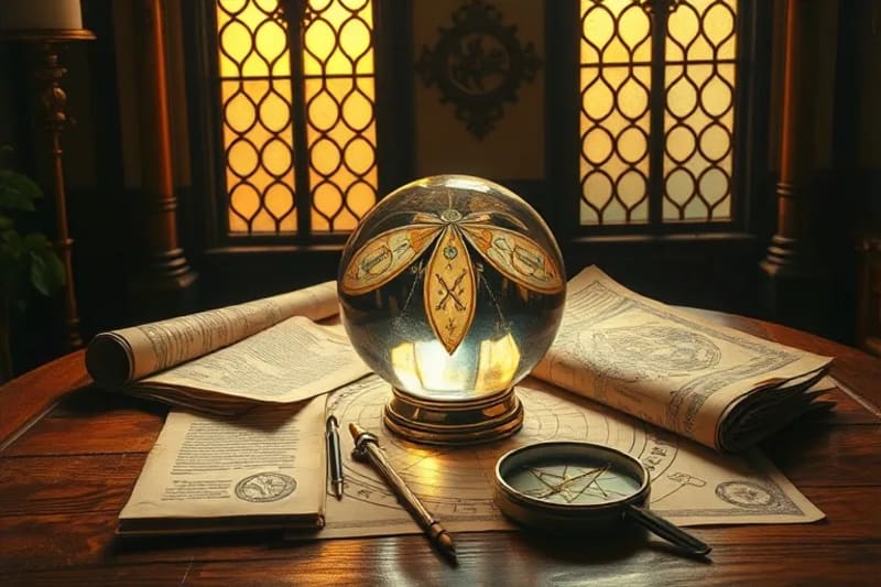 Oil painting of ancient scrolls, a crystal sphere reflecting geometric patterns, and a compass on an antique table, evoking timeless wisdom.