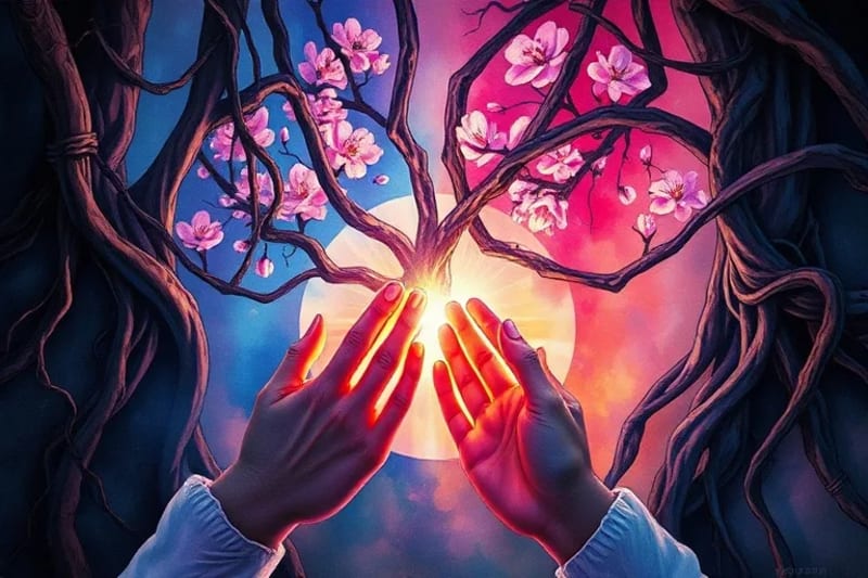 Pintura acuarela abstracta que muestra raíces y ramas entrelazadas, algunas oscuras y enredadas, otras floreciendo con luz, con manos sosteniendo una luz etérea, simbolizando la liberación de ataduras ancestrales y la sanación.