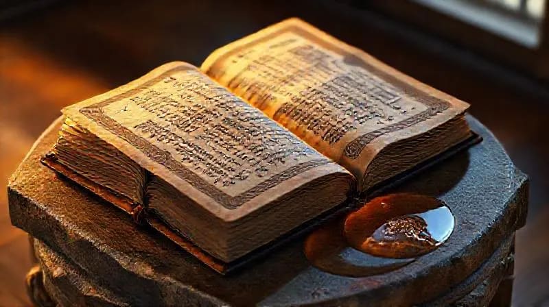 Primer plano de un antiguo libro de oraciones sobre madera pulida, con una gota de agua brillante al lado, simbolizando la purificación espiritual y la tradición de la fe.