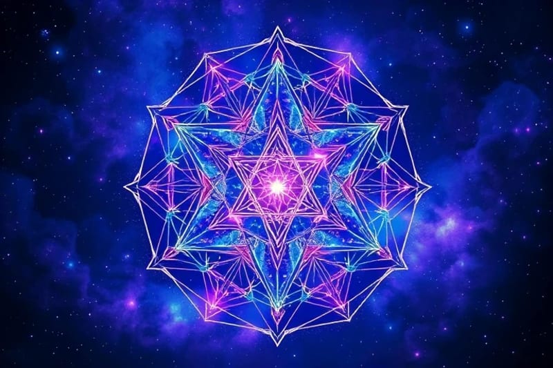 Representación 3D de un Cubo de Metatrón iridiscente con cristales incrustados, flotando en un espacio cósmico con nebulosas y estrellas.