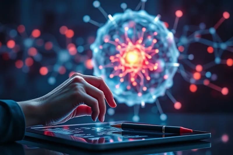 Human hand touching a holographic neural network, with digital art tools, symbolizing human-AI creative balance