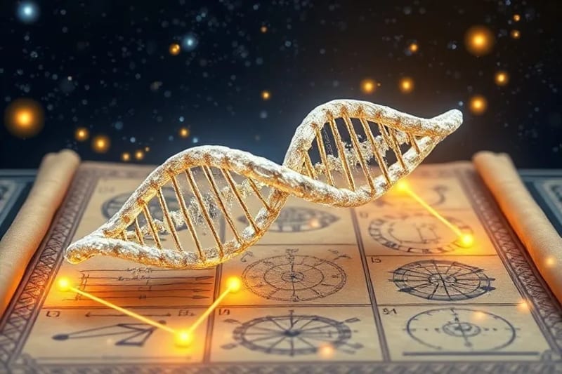 Render 3D de una estructura cristalina de ADN sobre un pergamino antiguo con símbolos astrológicos, rodeada de orbes luminosos que representan memorias celulares.