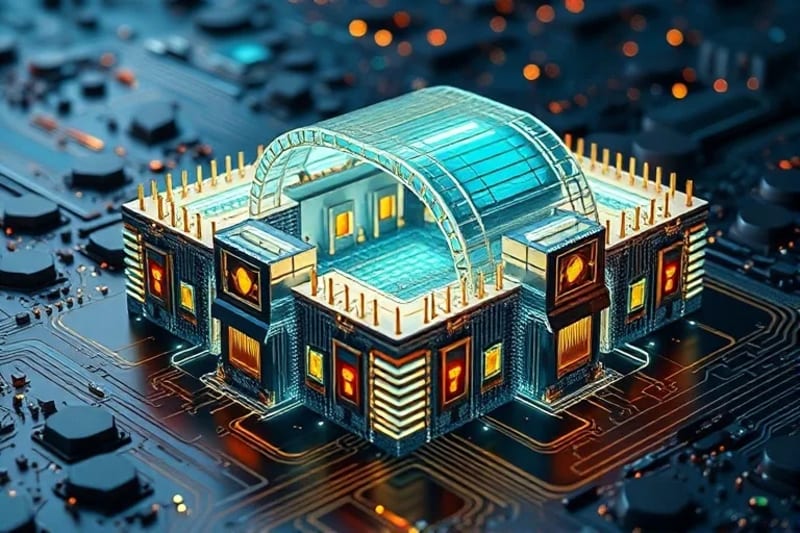 Abstract architectural representation of a digital fortress with glowing ethical and legal code lines