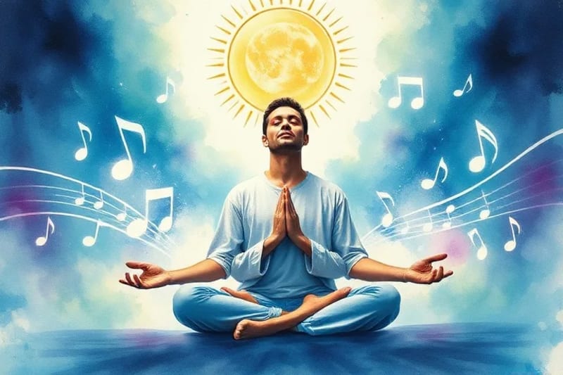 Pintura acuarela de una figura meditando, rodeada de notas musicales suaves y colores calmantes.