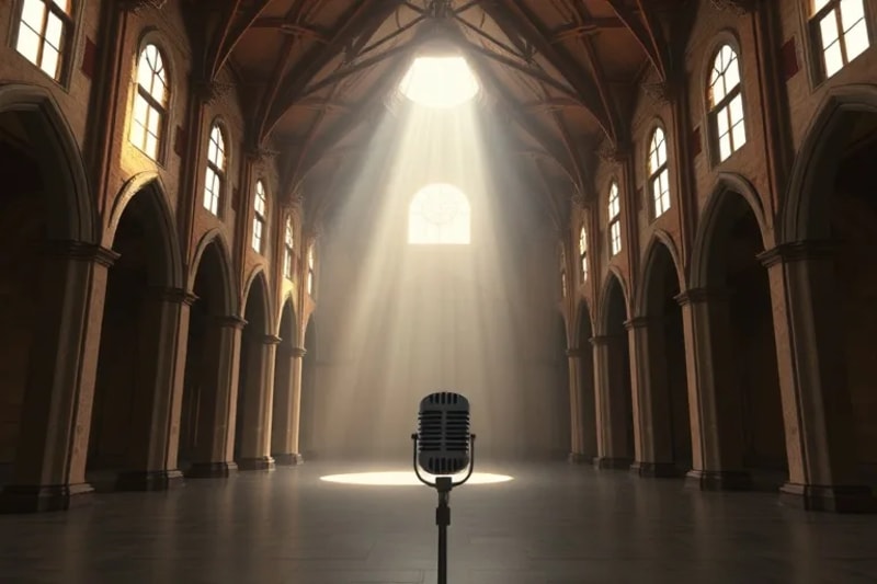Representación 3D de un estudio de sonido moderno con elementos arquitectónicos monásticos, un micrófono estilizado capturando ondas sonoras.