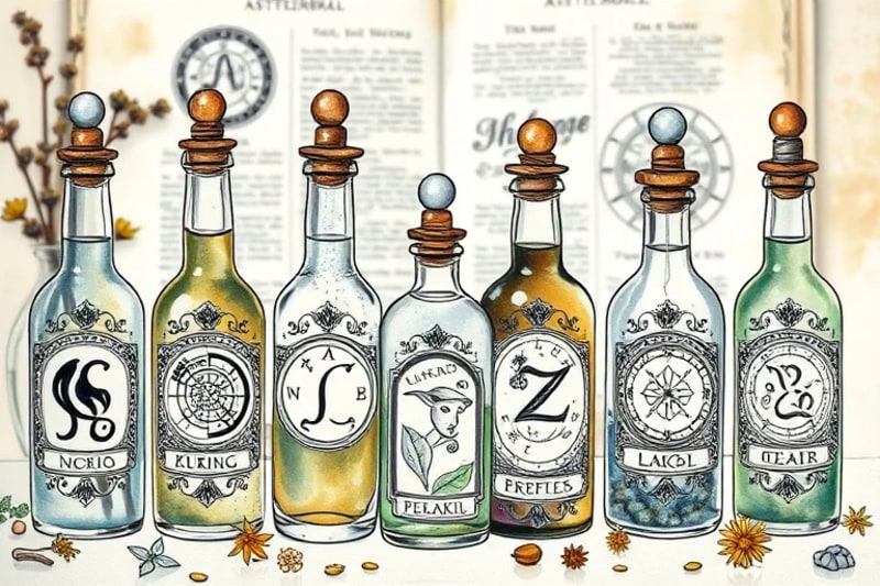Colección de elixires herbales en botellas de vidrio con etiquetas astrológicas y botánicas.