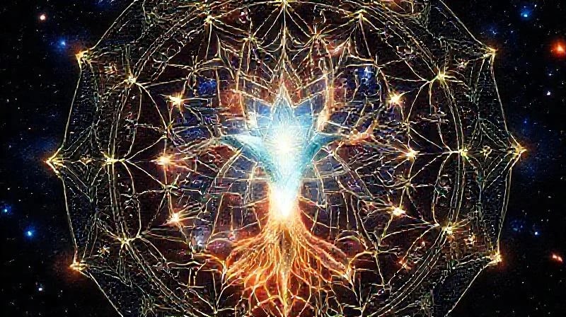 Diagrama 3D de flujo energético entre aura humana, alineación planetaria y raíces de un árbol brillante.