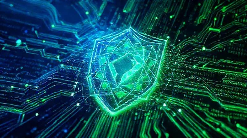 Formas geométricas entrelazadas creando un escudo de seguridad digital