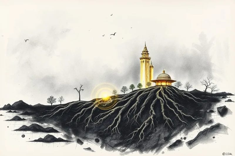 Un paisaje sereno con un templo budista antiguo rodeado de montañas y niebla, simbolizando la conexión entre la espiritualidad oriental y la naturaleza, con elementos de energía renovable integrados sutilmente.