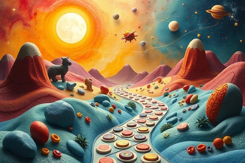 Pintura digital de un sendero luminoso que serpentea a través de un paisaje cósmico, simbolizando el viaje del alma y el crecimiento personal.
