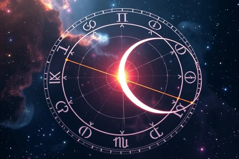 Renderizado 3D conceptual de una carta natal con los nodos lunares destacados, rodeados de símbolos astrológicos y patrones geométricos que representan el destino kármico.