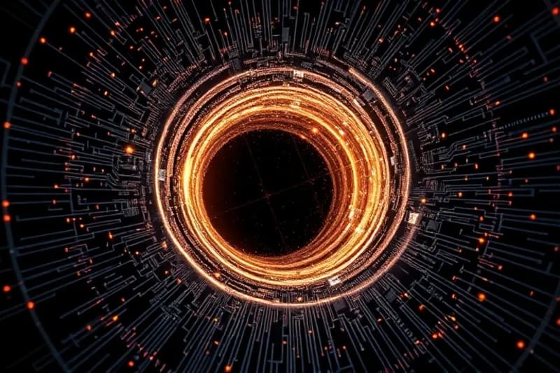 Visualización 3D abstracta de la curvatura del espacio-tiempo alrededor de un agujero negro, con datos superpuestos de simulaciones de ondas gravitacionales y trayectorias de partículas.