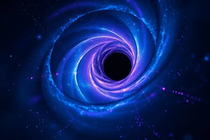 Arte digital abstracto que representa la espuma cuántica o fluctuaciones del espacio-tiempo cerca de una singularidad de agujero negro, con patrones geométricos etéreos.