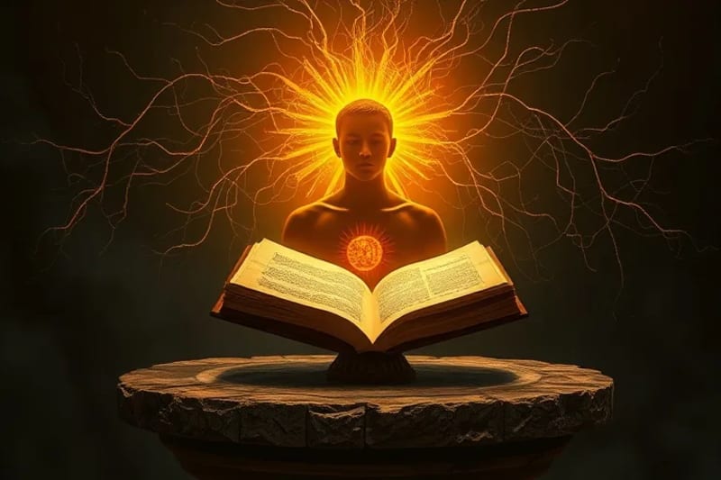 Una figura humana conceptual con luz interna disipando sombras oscuras que la rodean.