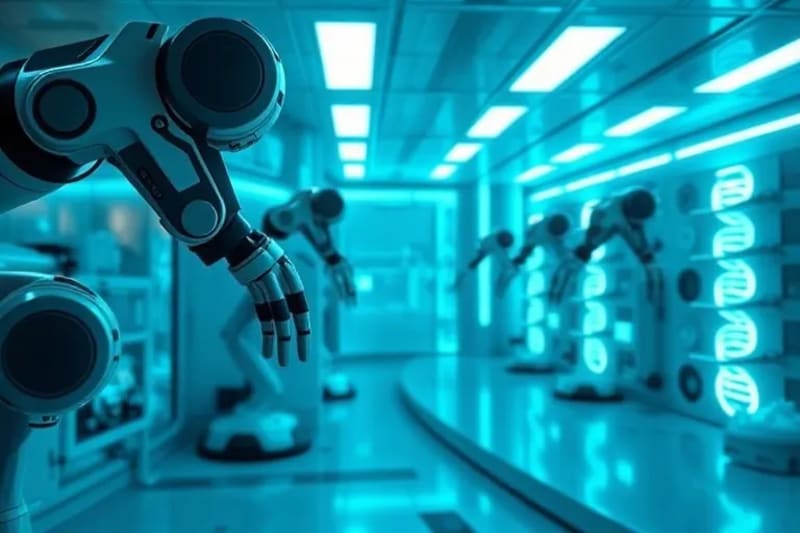 Laboratorio futurista de manipulación genética con ADN brillante y brazos robóticos