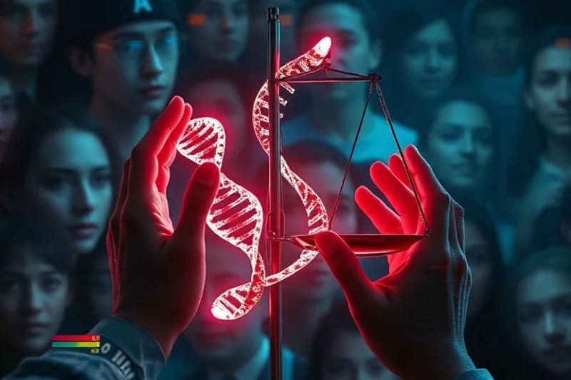 Pintura digital de manos y una balanza, simbolizando los dilemas éticos de la ingeniería genética