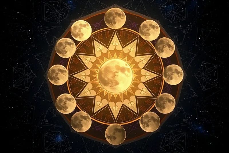 Stylized digital painting of the Moon's phases, each blending into symbolic imagery for life events like relationships and career paths.