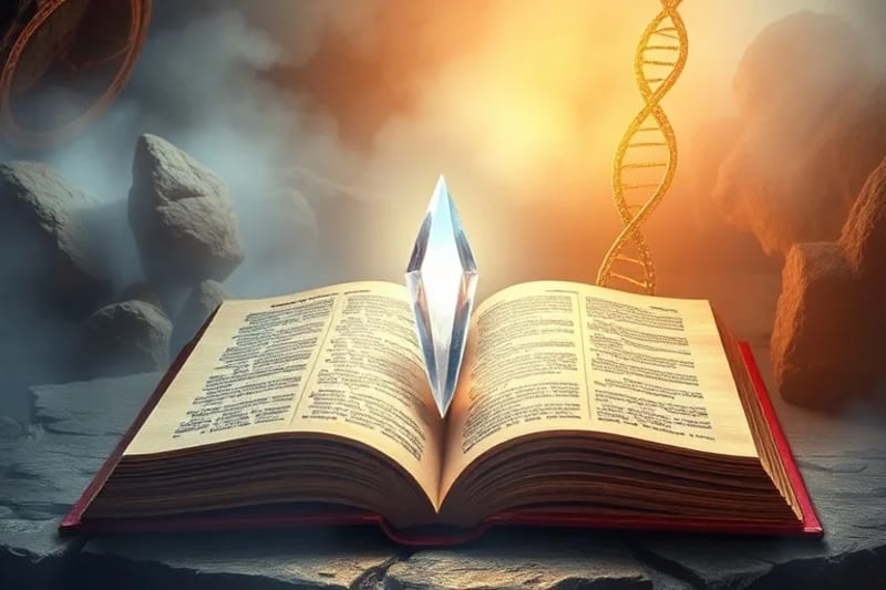 Un libro antiguo abierto con ilustraciones de funciones de onda cuánticas, junto a un cristal que refracta la luz, simbolizando la sabiduría y la conciencia.