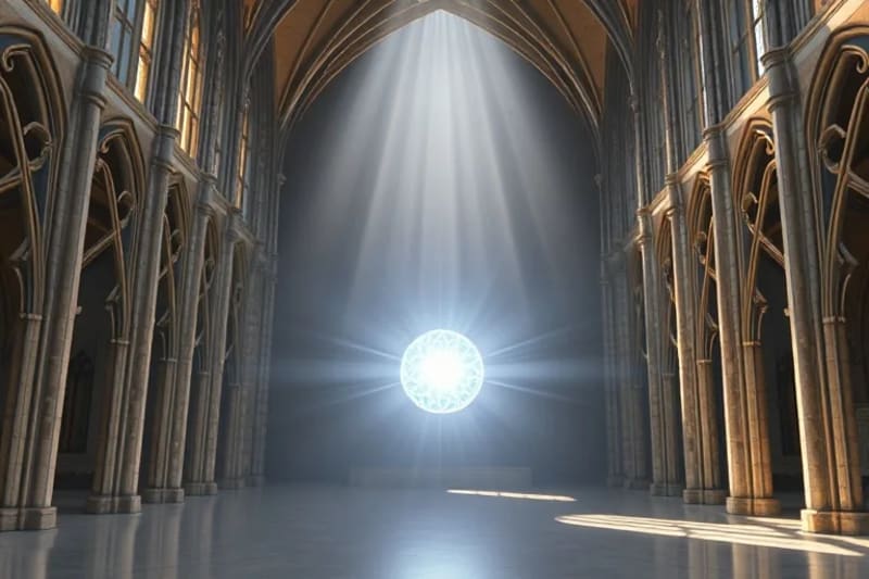 Representación abstracta del vacío cuántico con una esfera central de luz y una intrincada red de energía, de la cual emanan tres pulsos que simbolizan la Trinidad.