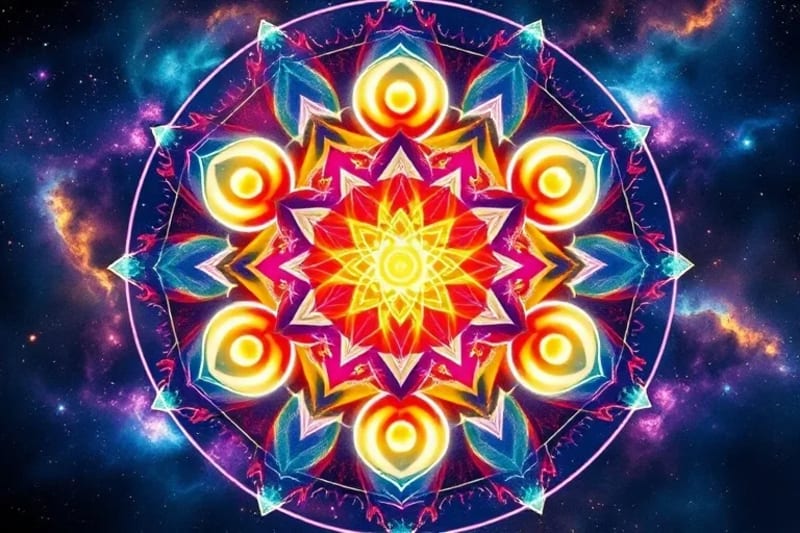 Ilustración acuarela de los siete chakras como vórtices de energía luminosos y coloridos, conectados por un flujo sutil, sin figuras humanas.