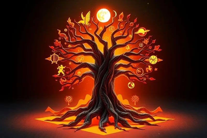 A glowing tree of life with roots in darkness and branches reaching light, symbolizing wholeness and personal evolution.