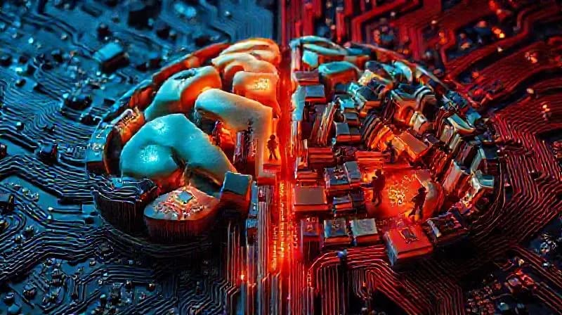 Ilustración que representa un cerebro-laberinto hecho de libros e instrumentos musicales, con figuras humanas en miniatura explorando caminos de colores que simbolizan emociones.