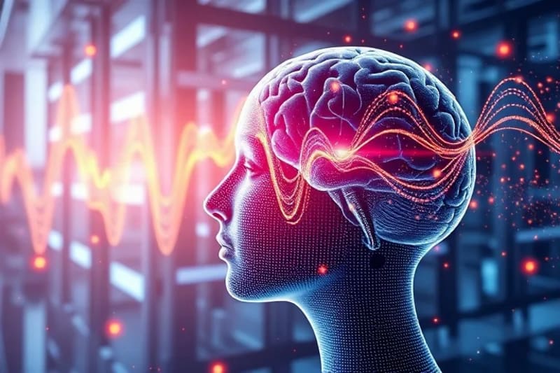 Renderizado 3D de un laboratorio futurista donde las ondas sonoras se visualizan como patrones brillantes que interactúan con un modelo estilizado de la cabeza humana.