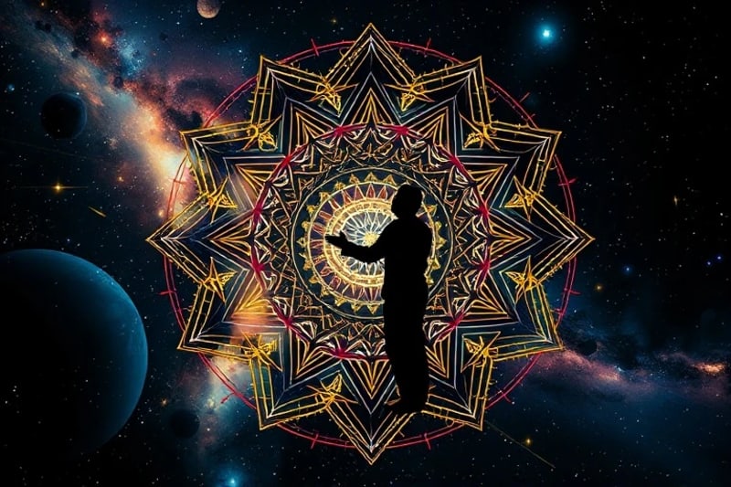 Stylized human silhouette facing a cosmic vortex, symbolizing the process of fragmented shadow aspects transforming into luminous, integrated patterns of light.