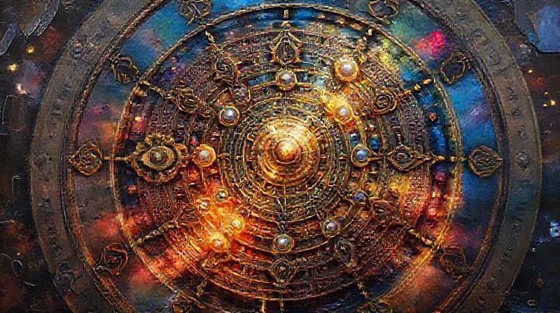 Intricate 3D render of celestial clockwork with glowing planetary orbs and ancient alchemical symbols, representing the precise order and hidden wisdom of cosmic laws.