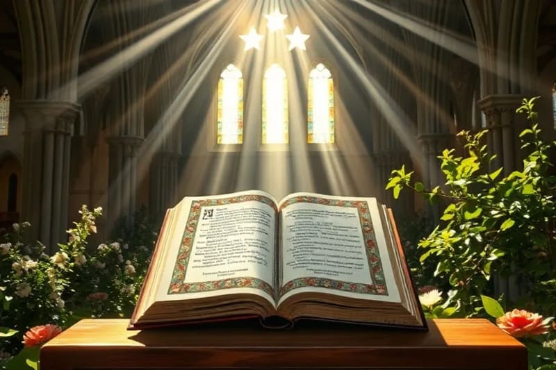 Manuscrito iluminado antiguo abierto en un atril de madera, con detalles florales y luz suave