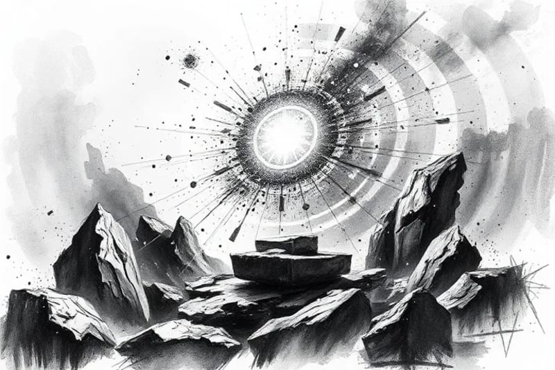 Representación abstracta de la calma y el silencio espiritual, con formas geométricas suaves y luz etérea que disipa el caos digital