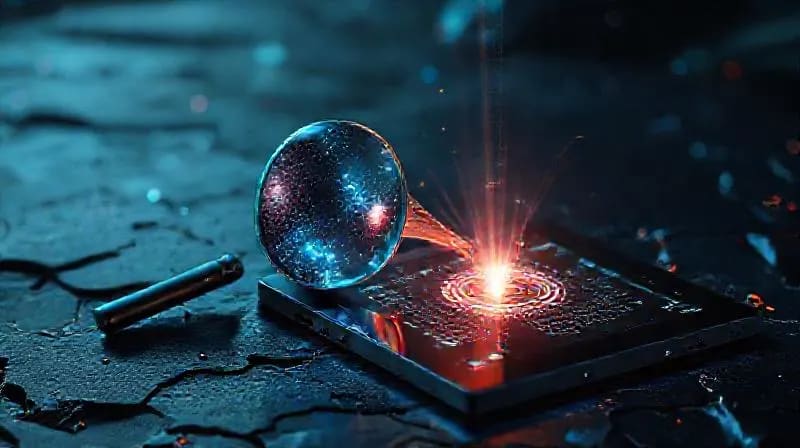 Colección simbólica de un artefacto alienígena, lupa, tableta de datos y fuente de energía.
