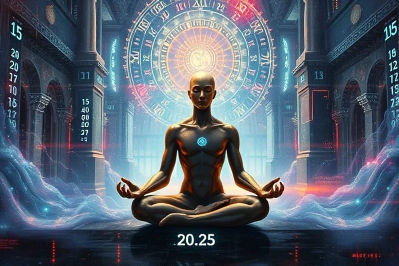 Figura meditando en un paisaje digital con flujos de datos y glifos numéricos