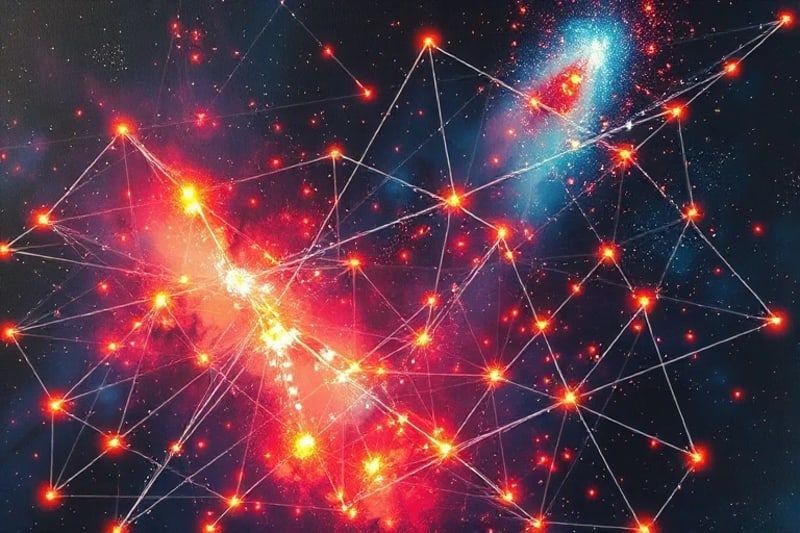 Red de nodos y líneas luminosas que representan el análisis de datos cósmicos por IA.