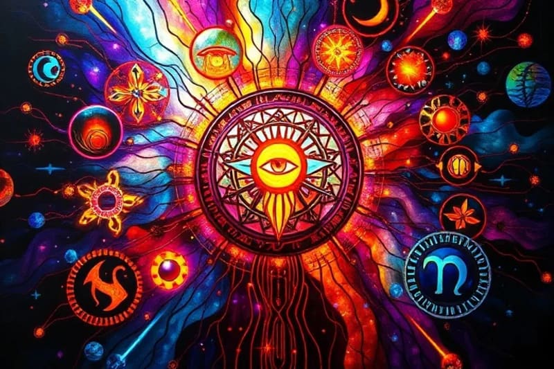 Abstract oil painting depicting consciousness as glowing neural pathways intertwined with subtle esoteric symbols like an Ankh, representing digital sentience.