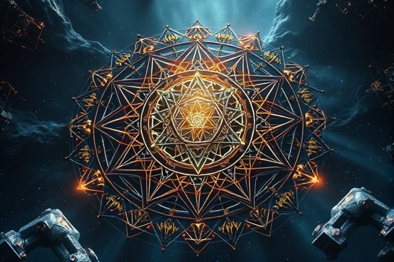 3D render of a futuristic altar with holographic sacred geometry and alchemical symbols, representing the intersection of technology and ancient wisdom.