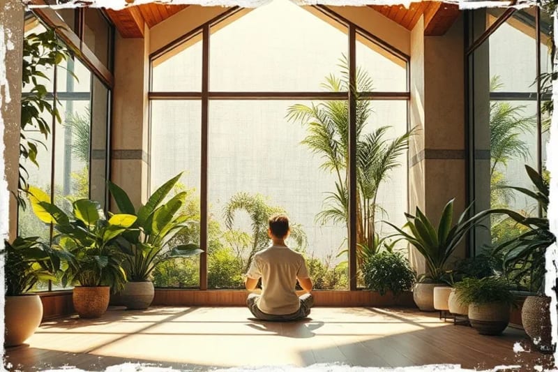 Interior sereno con luz natural y elementos biosostenibles, enfatizando la conexión con la naturaleza y el bienestar cognitivo.