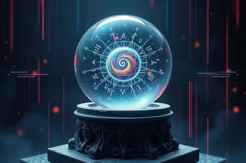 Esfera de cristal con galaxia y símbolos astrológicos sobre pedestal antiguo