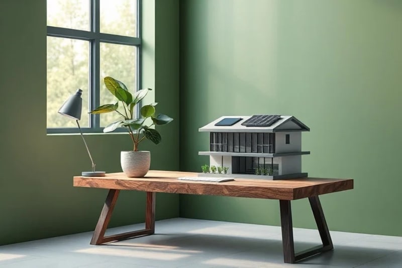 Maqueta de edificio sostenible con techo verde y paneles solares, junto a una paleta de colores naturales en un escritorio de madera.