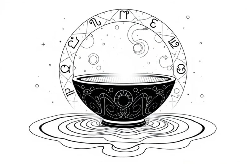 A glowing crystal singing bowl surrounded by cosmic patterns, symbolizing the resonance between inner peace and universal energies.