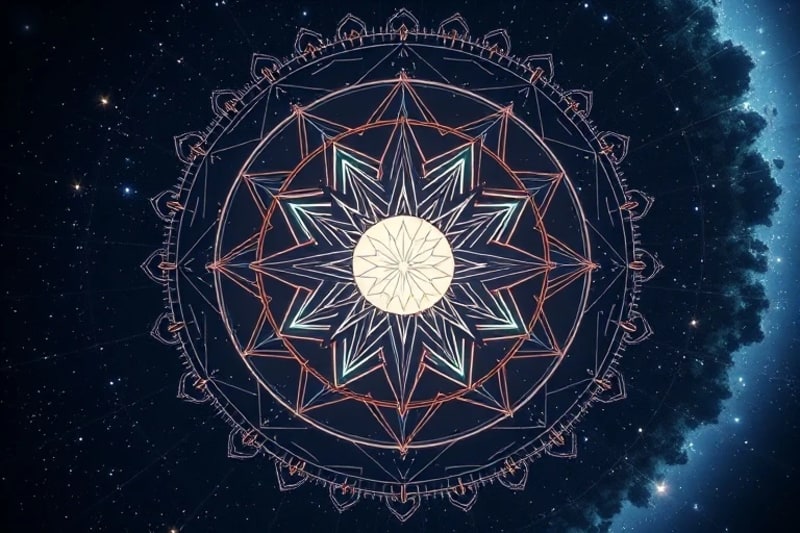 Abstract geometric patterns orbiting a central light, symbolizing the interconnectedness of self with cosmic rhythms.