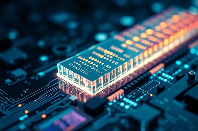 3D render of a quantum computing processor with glowing qubits