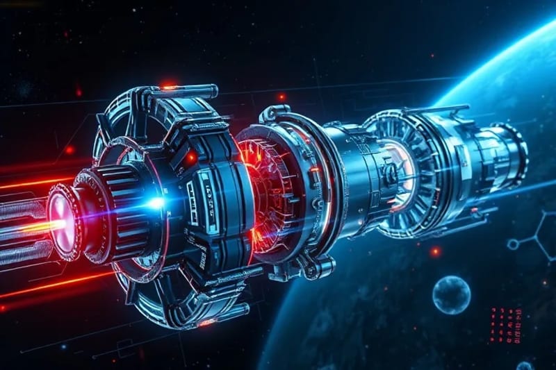 Detalle de un avanzado sistema de propulsión espacial, posiblemente un motor iónico o de fusión, con intrincados componentes mecánicos y energéticos, rodeado de datos holográficos de rendimiento.