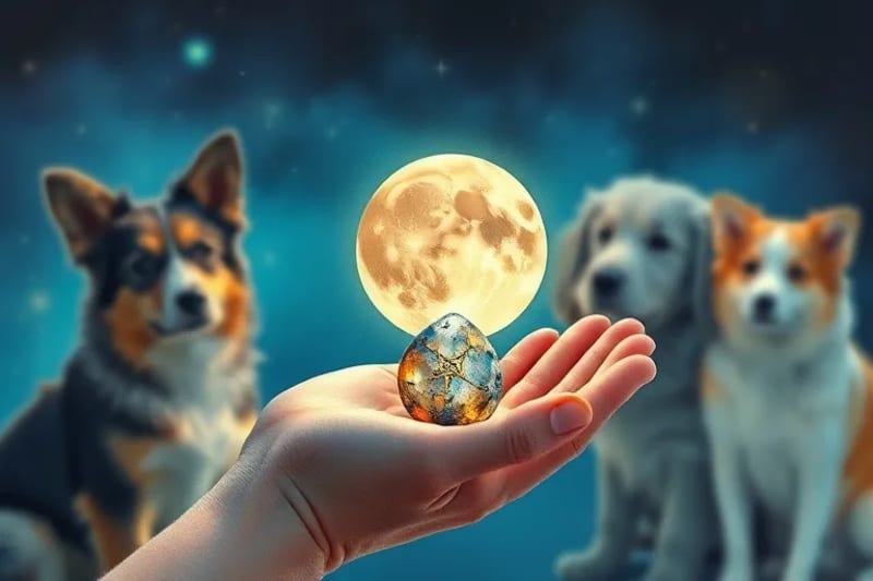 Mano sosteniendo runa bajo la luna con mascotas