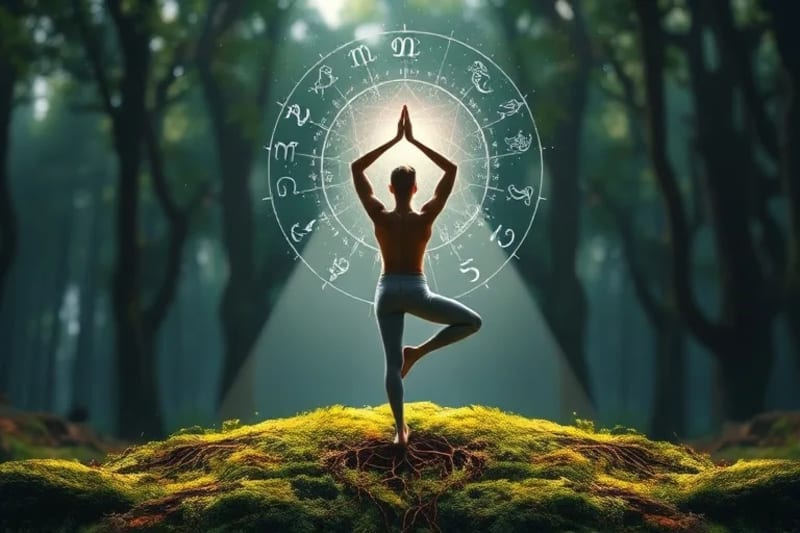 Person meditating in forest, connected to earth and sky