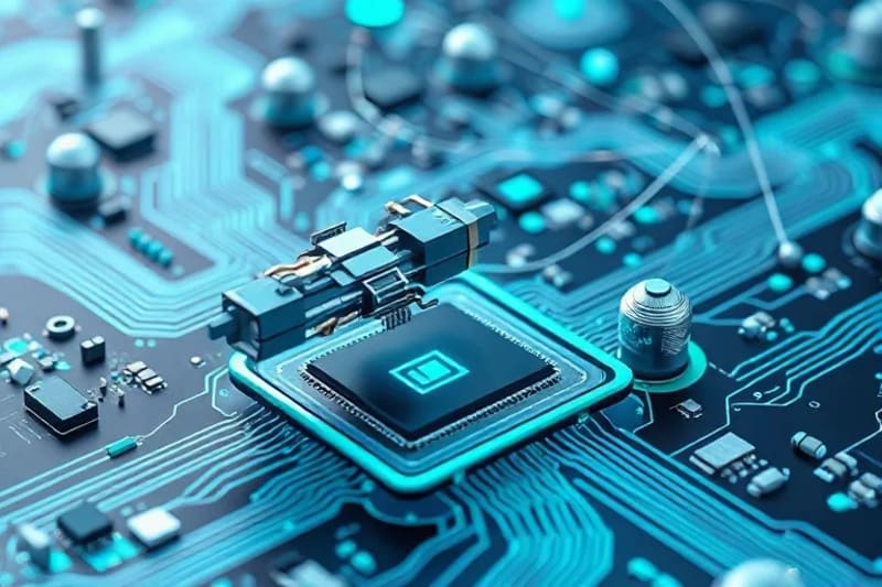 Representación abstracta de la inteligencia artificial como una red de nodos y conexiones, simbolizando el procesamiento de datos y la toma de decisiones autónomas en el contexto de la exploración espacial.