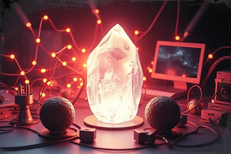 Render 3D de elementos digitales caóticos y una piedra luminosa